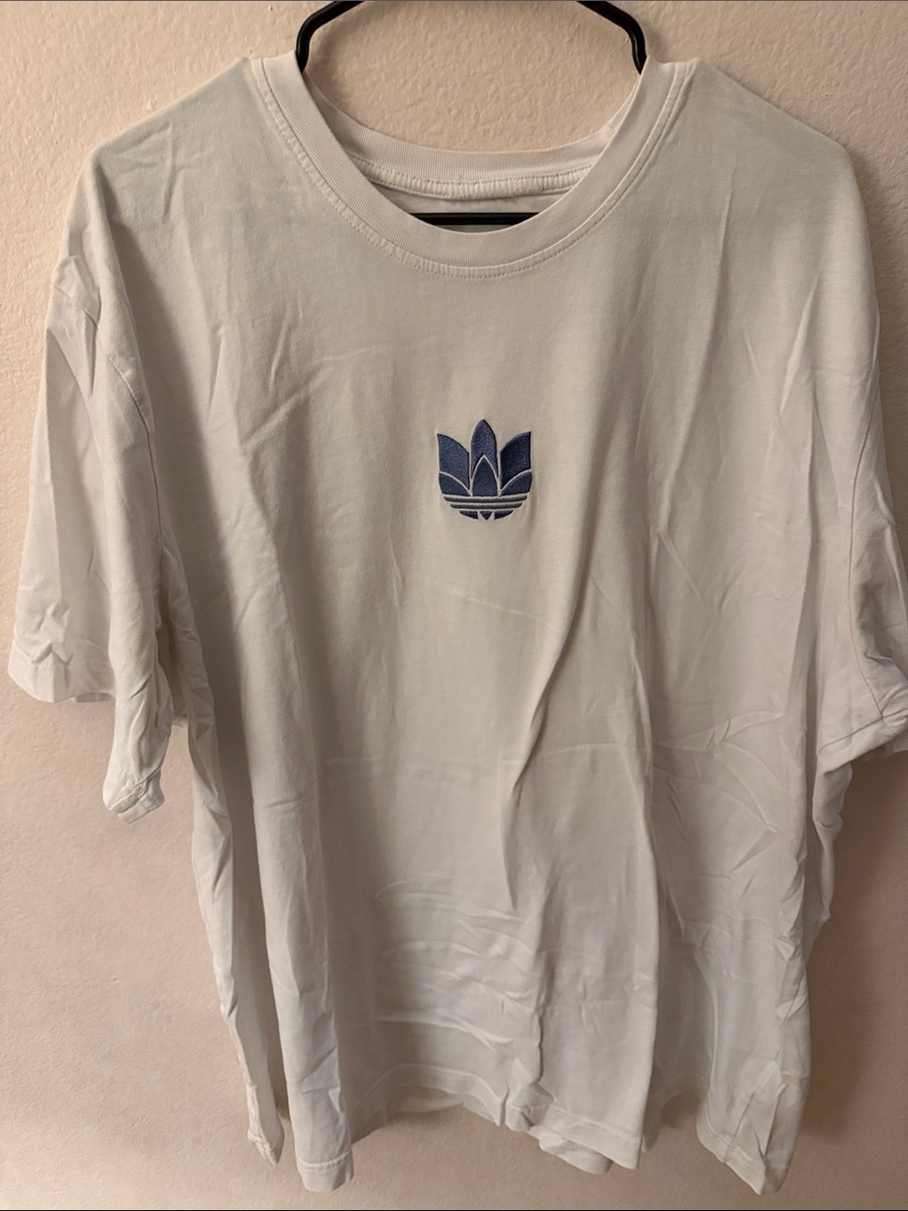 adidas White Short Sleeve Tee with Blue Trefoil Chest Logo